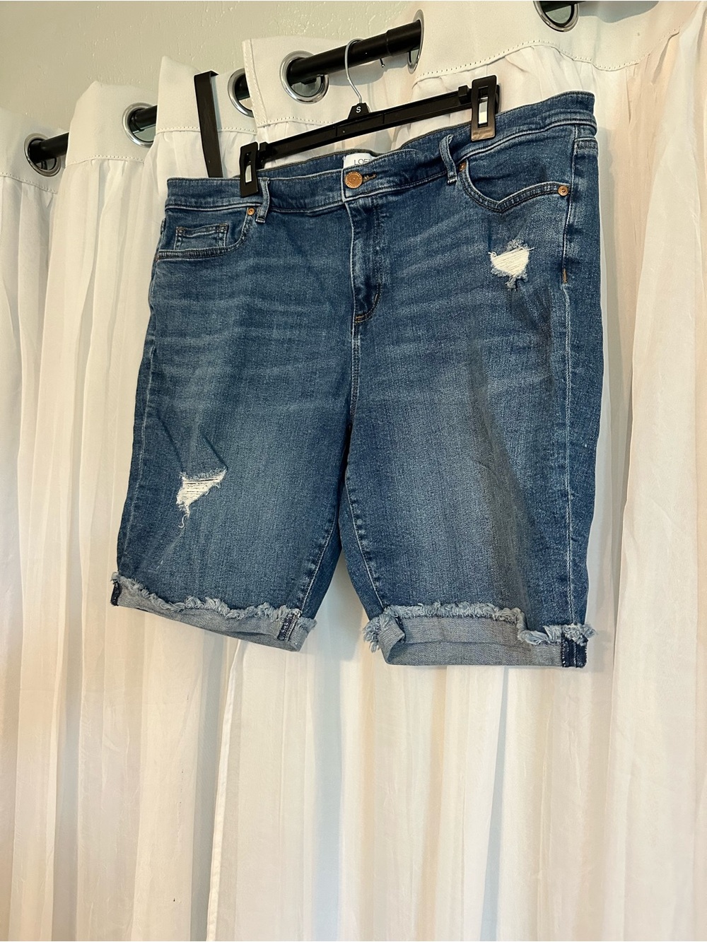 Loft Frayed Hem Distressed Denim Bermuda Shorts - Blue - Picture 3 of 7